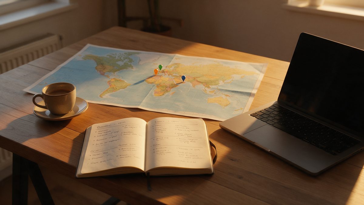 Mesa de trabalho ao entardecer com mapa-múndi marcado, caderno aberto, café e notebook