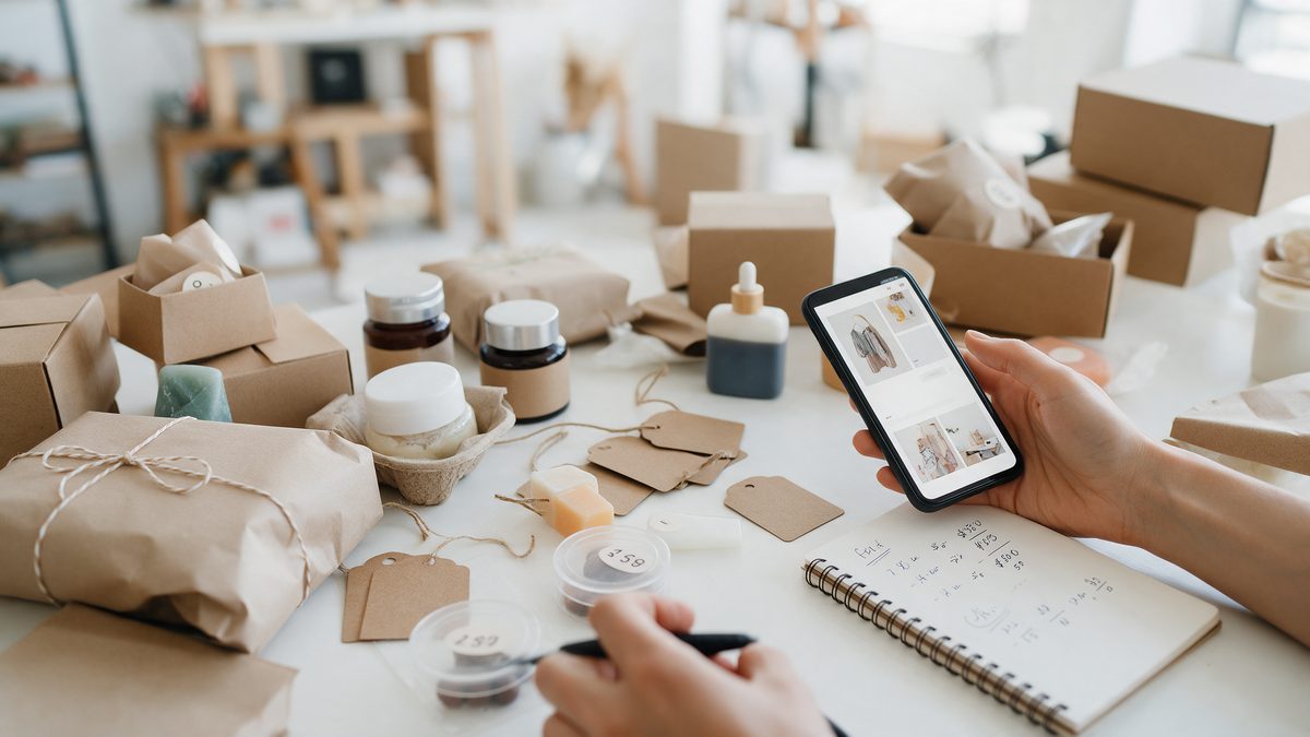 Produtos artesanais embalados e celular com uma loja online em teste