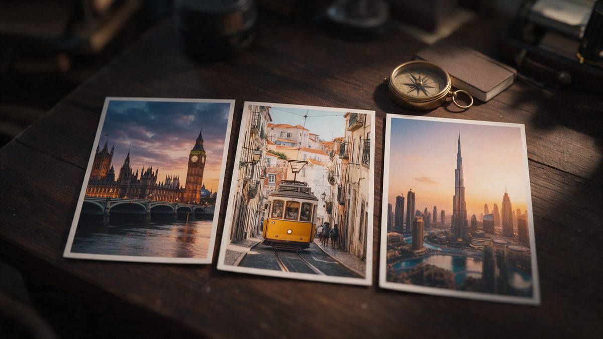 Cartões-postais de Londres, Lisboa e Dubai lado a lado sobre uma mesa, com uma bússola