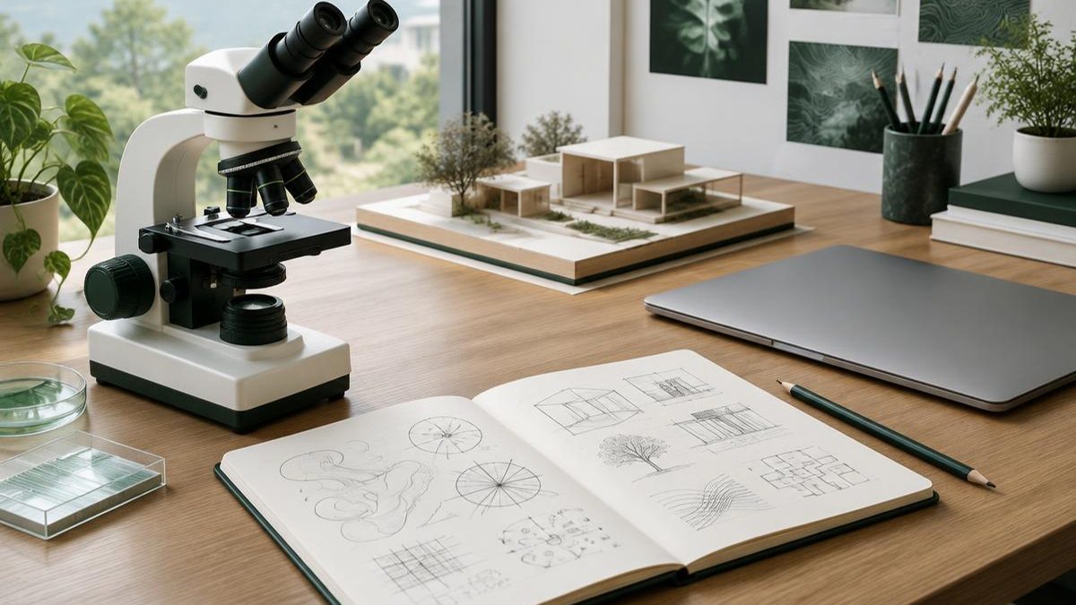 Mesa de pesquisa com microscópio, maquete arquitetônica, caderno e notebook