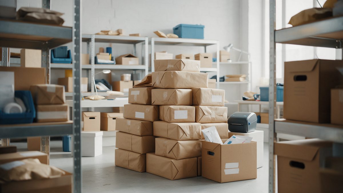 Estoque organizado com caixas prontas para envio e devoluções
