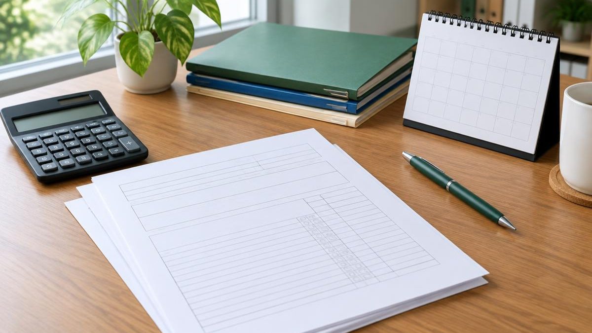 Documentos contábeis, calculadora, pastas e calendário sobre uma mesa organizada