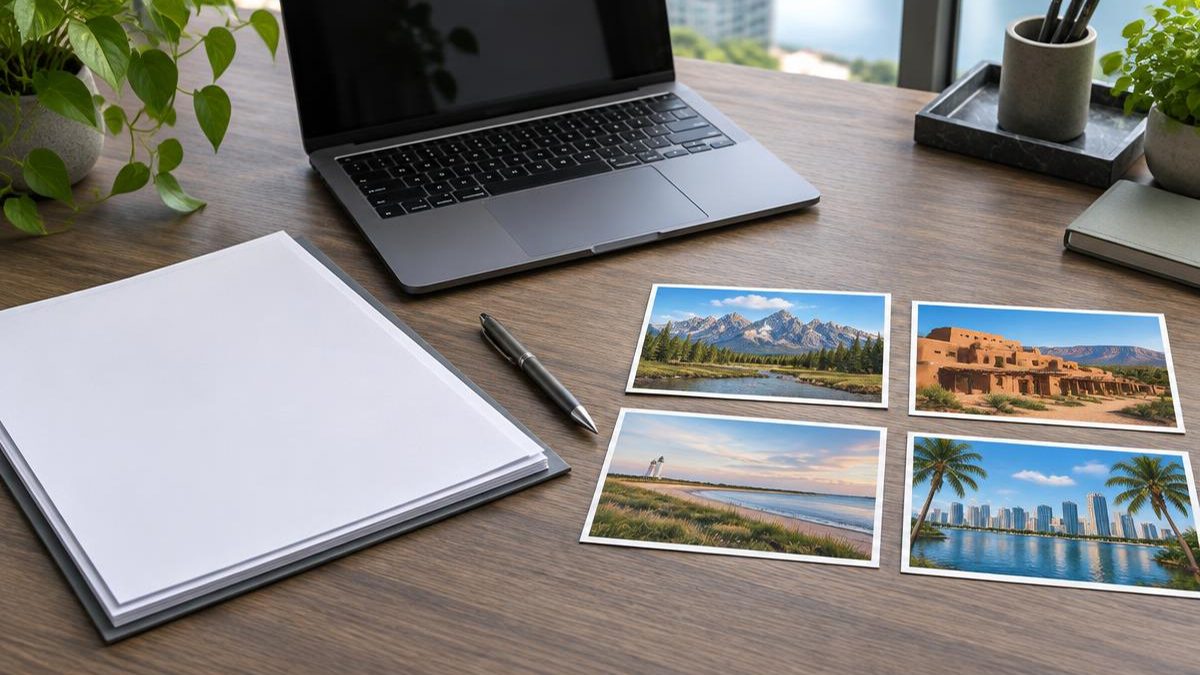 Mesa com documentos em branco, notebook e cartões de paisagens de quatro estados americanos