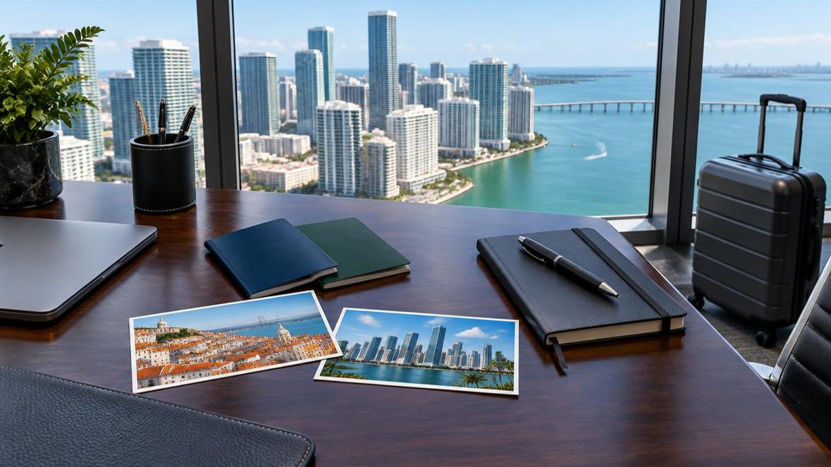 Mesa de trabalho com cartões de Lisboa e Miami, documentos e mala junto à janela