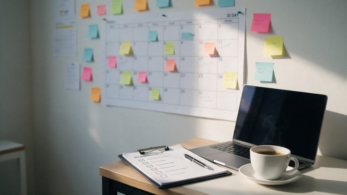 Calendário mensal com notas adesivas, prancheta com checklist, notebook e café