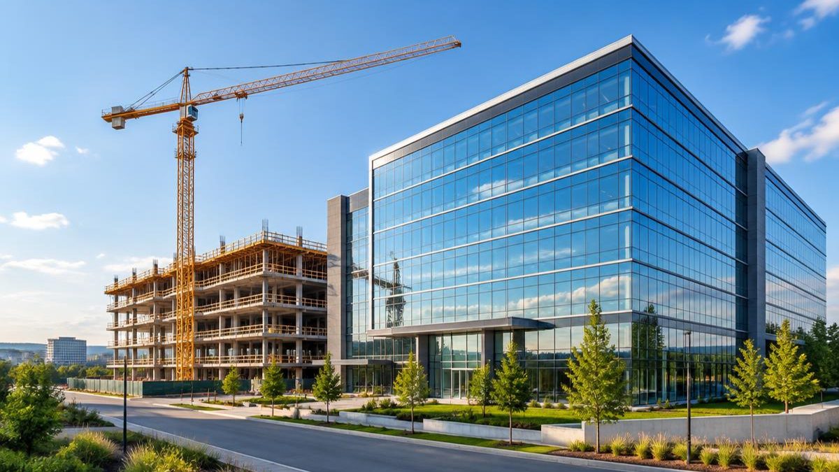 Empreendimento comercial americano com edifício de vidro e obra em andamento