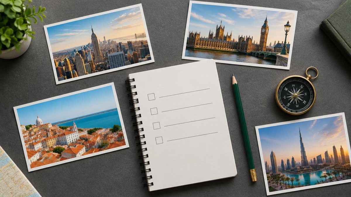 Checklist em branco com cartões de Nova York, Londres, Lisboa e Dubai, bússola e lápis